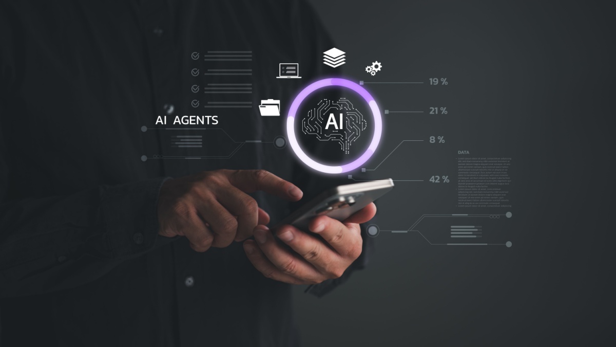 AI agent mobile interface showing user interacting with smartphone, symbolizing artificial intelligence integration, smart assistant, data analysis, and digital transformation in modern tech.