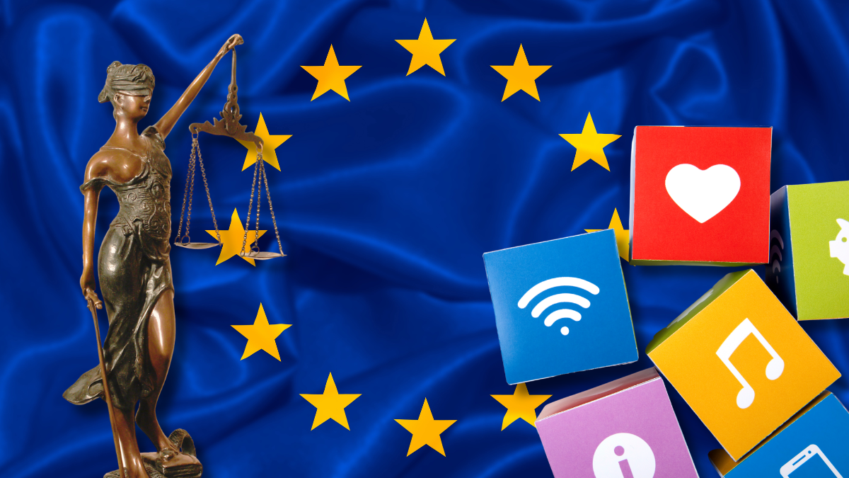 Eu flag with lady justice and social media icons