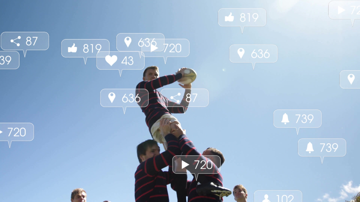 Image of rugby with some social media logos illustrating sports marketing