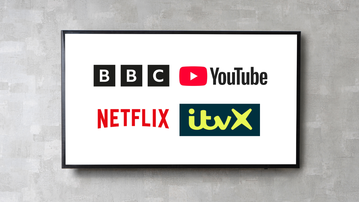 BBC, YouTube, Netflix, ITVX logos on TV screen