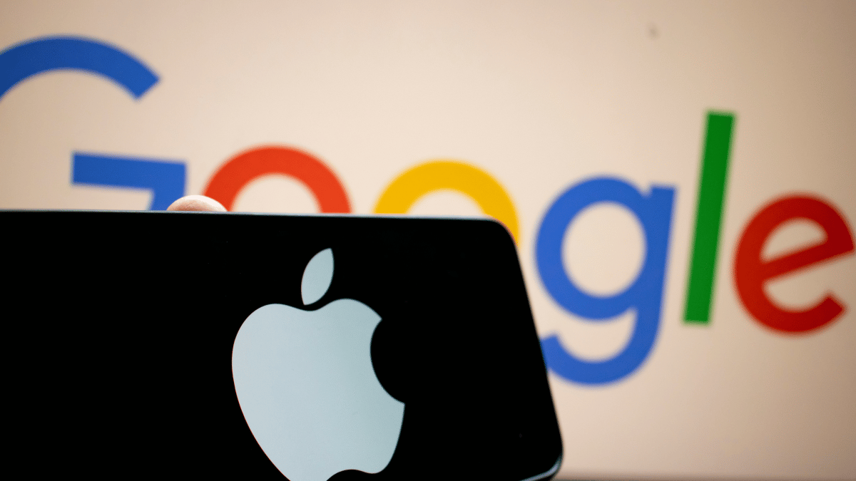 Apple logo on a phone screen ahead of google logo