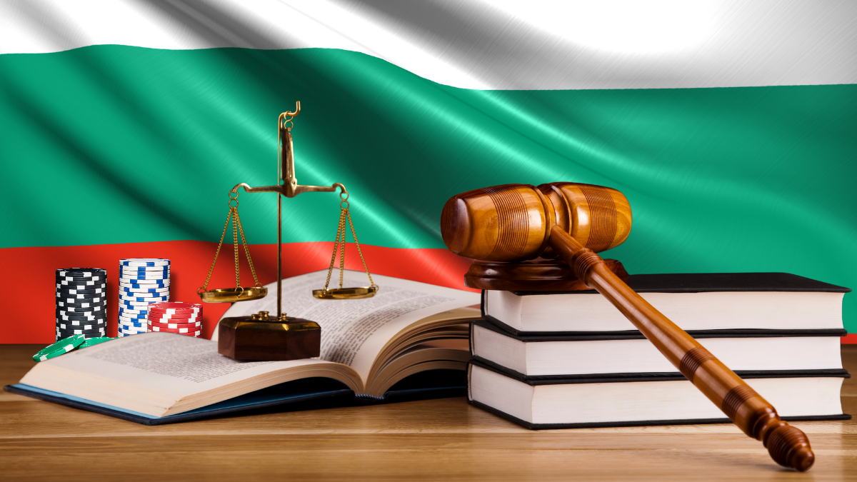 bulgaria flag with pocker chips and justice gavel