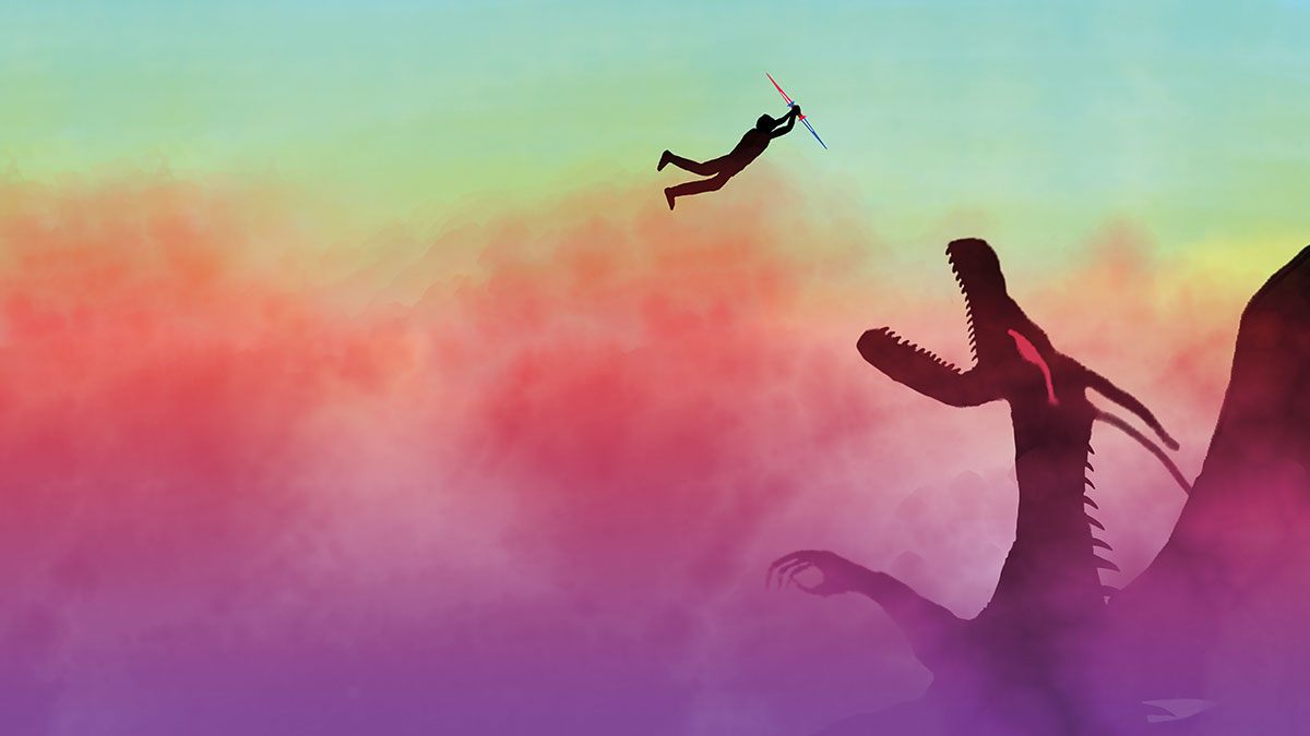dragon with man coming with sword